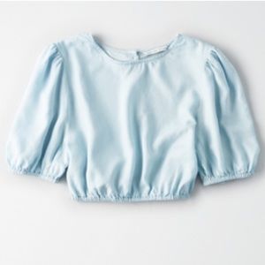 American Eagle Puff Sleeve Denim Tencel Crop Top